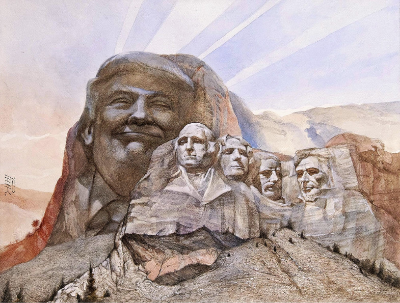 Trump im Mount Rushmore, Aquarell/Karikatur von Peter H.H. Klaucke