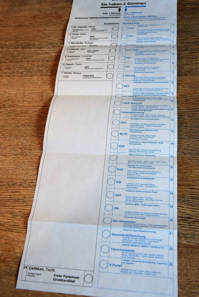 Stimmzettel im Wahlkreis Rhein-Erft 1 zur Bundestagswahl 2017