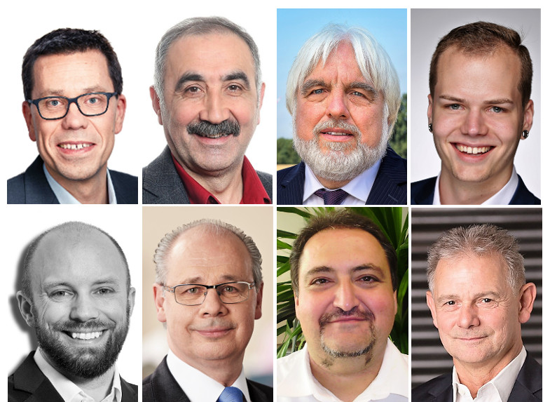 Von den acht Direktkandidaten im Wahlreis Rhein-Erft-1 (91) selbst zur Verfügung gestellte Fotos: Dierk Timm (SPD), Zeki Gökhan (Linke), Rüdiger Warnecke (Bündnis 90/Grüne), Marius Hövel (Piraten), Christian Pohlmann (FDP), Dr. Georg Kippels (CDU), Tevfik Çelikkan (parteilos), Franz Pesch (AfD)