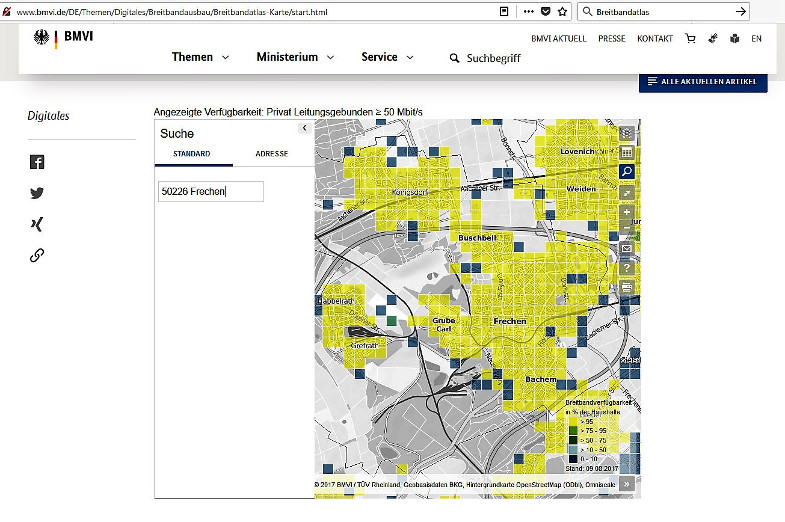 Breitbandatlas (Quelle: http://www.bmvi.de/DE/Themen/Digitales/Breitbandausbau/Breitbandatlas-Karte/start.html), Ausschnitt Frechen