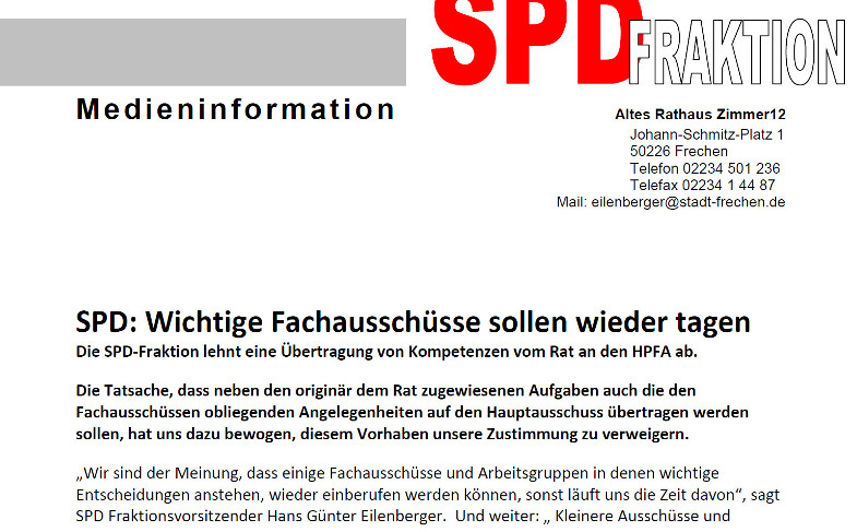 Auszug Medienmitteilung der SPD Fraktion im rat der Stadt Frechen vom 24. April 2020