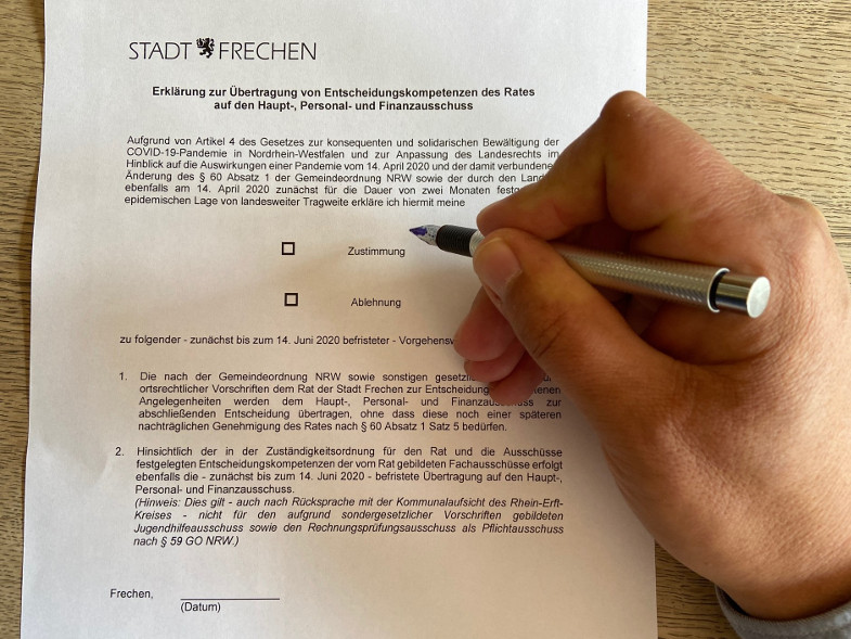 Vordruck für das Votum zur Übertragung von Entscheudungskompetenzen vom Rat auf den Hauptausschuss in Frechen
